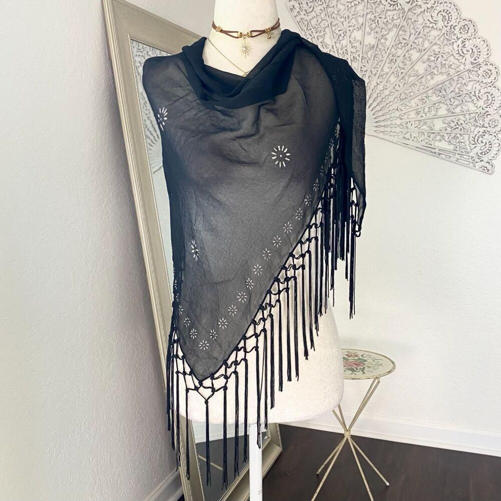Black Sheer Fringe Scarf Wrap with Floral Details